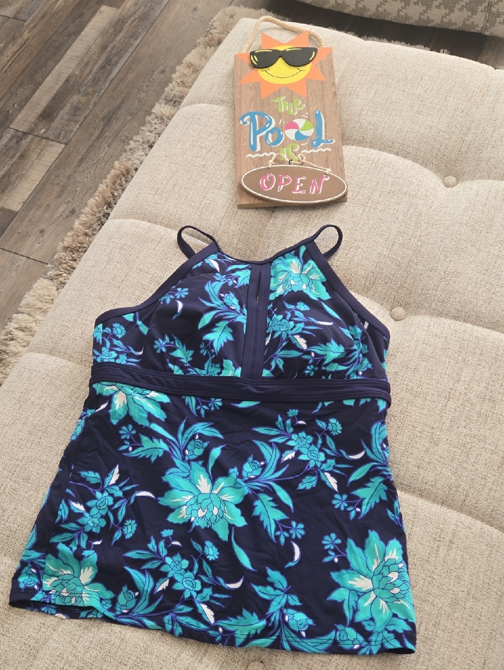 High-Neck Lands' End Navy and Teal Tankini Top